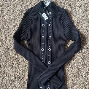 Black Ribbed Long Sleeve Cardigan, Grommet Detail